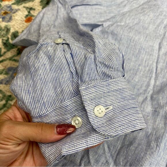 Muji Light Blue white Striped Button-Up Shirt 100% linen size small - Picture 4 of 7
